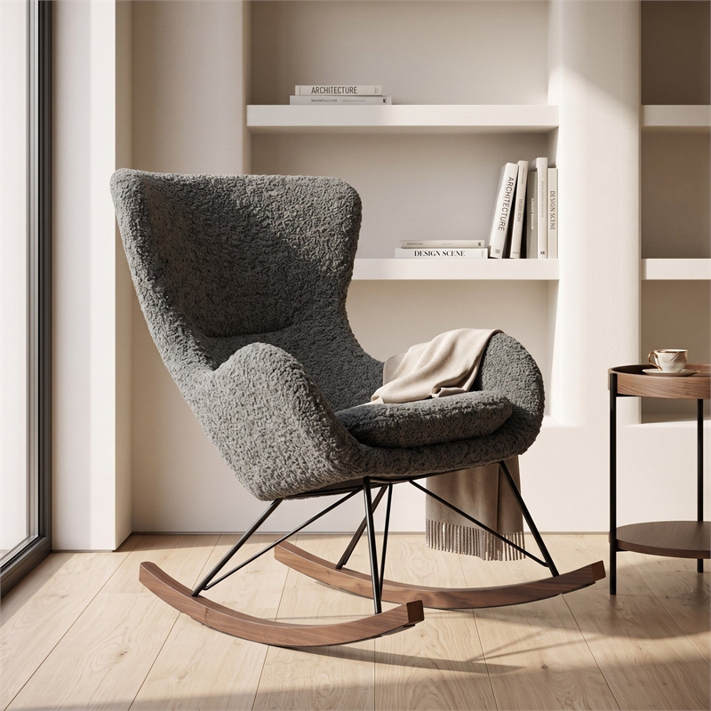 Limari Home Ikard Modern Fabric & Solid Wood Rocking Chair in Gray/Walnut