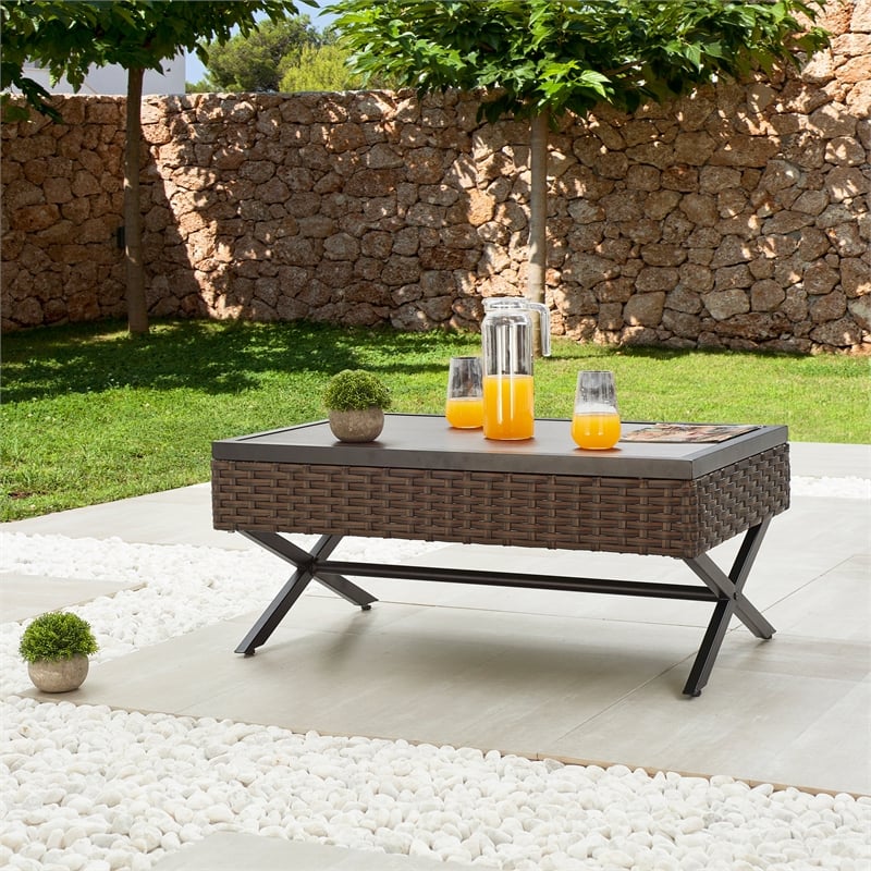 Patio Festival X-Leg Rattan Outdoor Coffee Table in Brown/Black