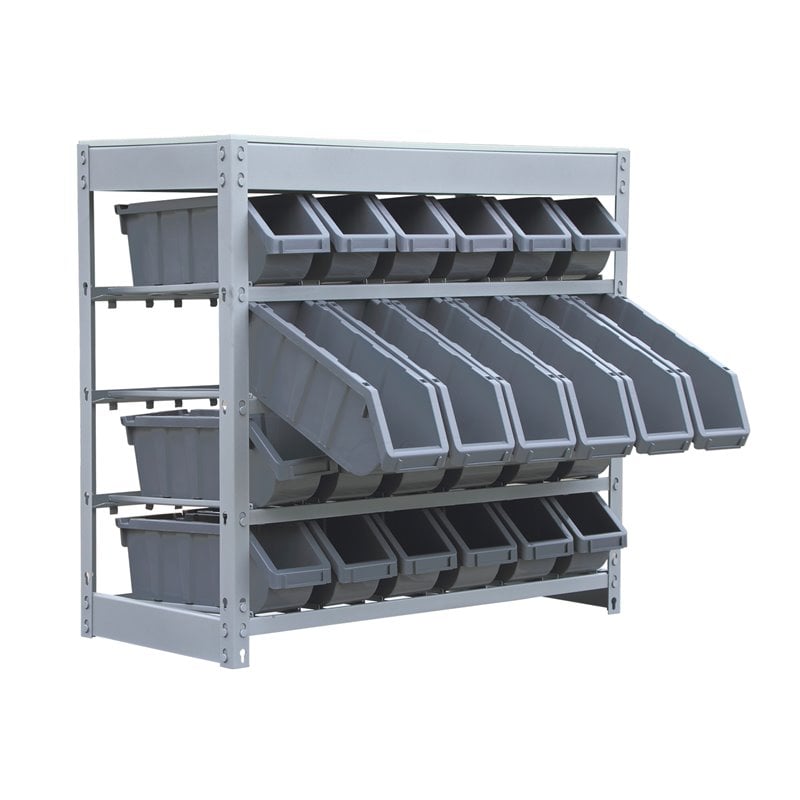 King's Rack 4-Tier Metal Organizer Shelving Rack with 24 Bins in Gray