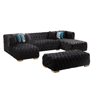 Beyan Signature Valencia 126&quot 3-Piece Velvet U-Shaped Sectional in Black