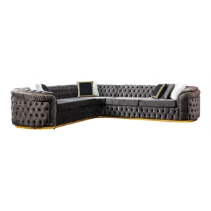 Beyan Signature Washington 126&quot 3-Piece Velvet L-Shaped Sectional in Gray/Gold