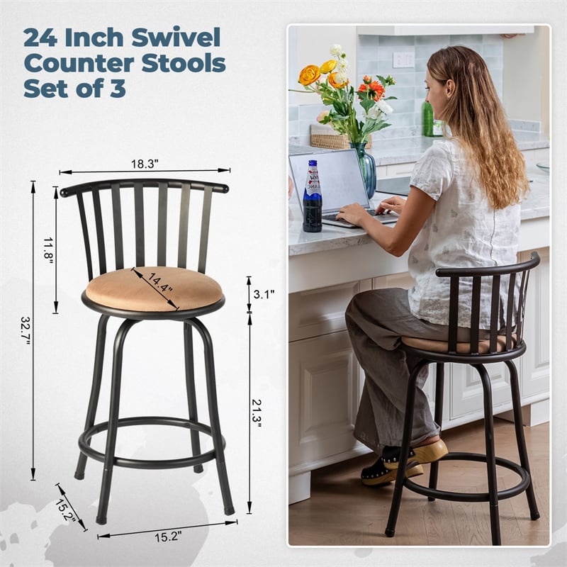 Homycasa Set of 3 Velvet Swivel 24in Counter Round Barstools