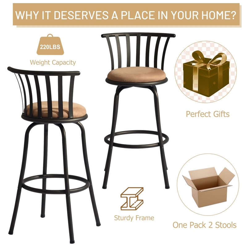 Homycasa Set of 3 Velvet Swivel 29in  Brown Barstools with Back.