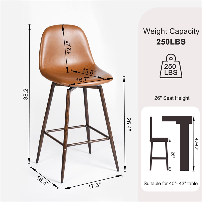 Homycasa Set of 2 Swivel 26in Counter Barstools-Cognac PU