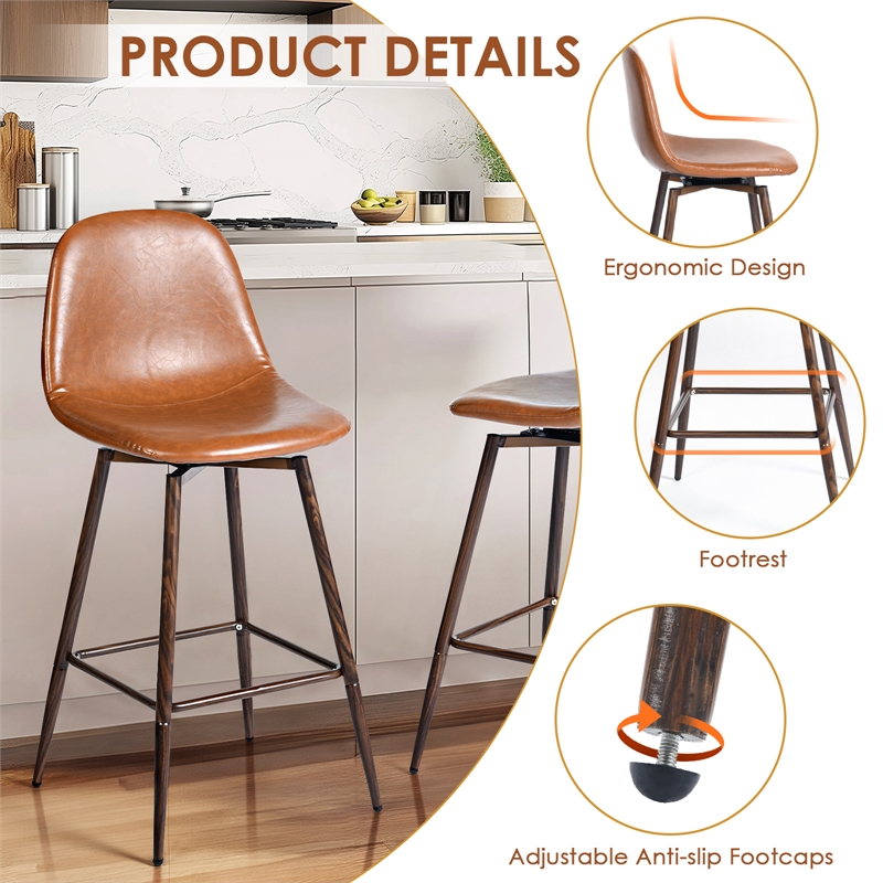 Homycasa Set of 2 Swivel 26in Counter Barstools-Cognac PU