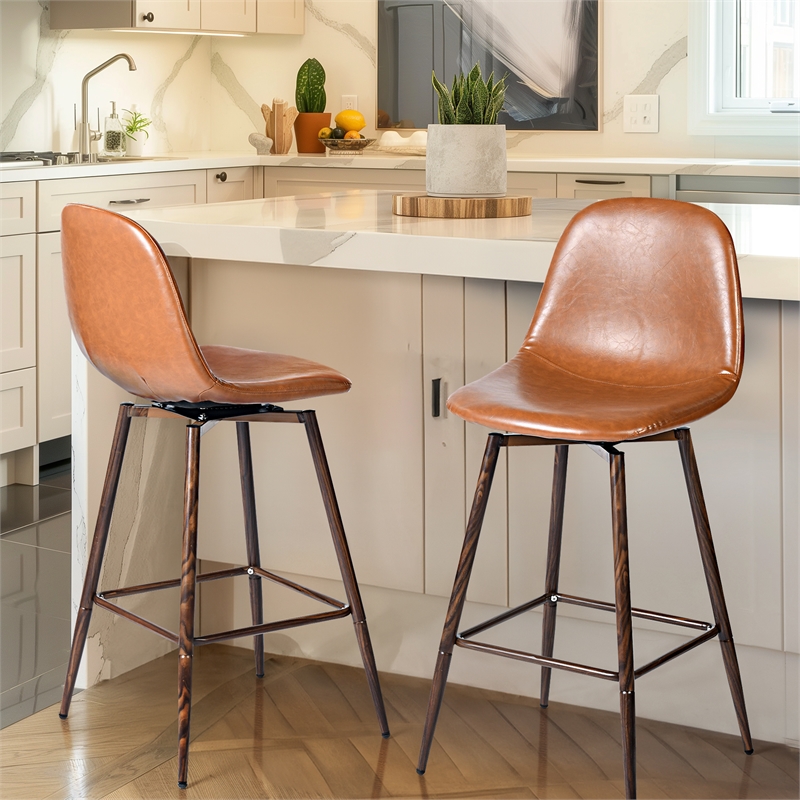 Homycasa Set of 2 Swivel 26in Counter Barstools-Cognac PU