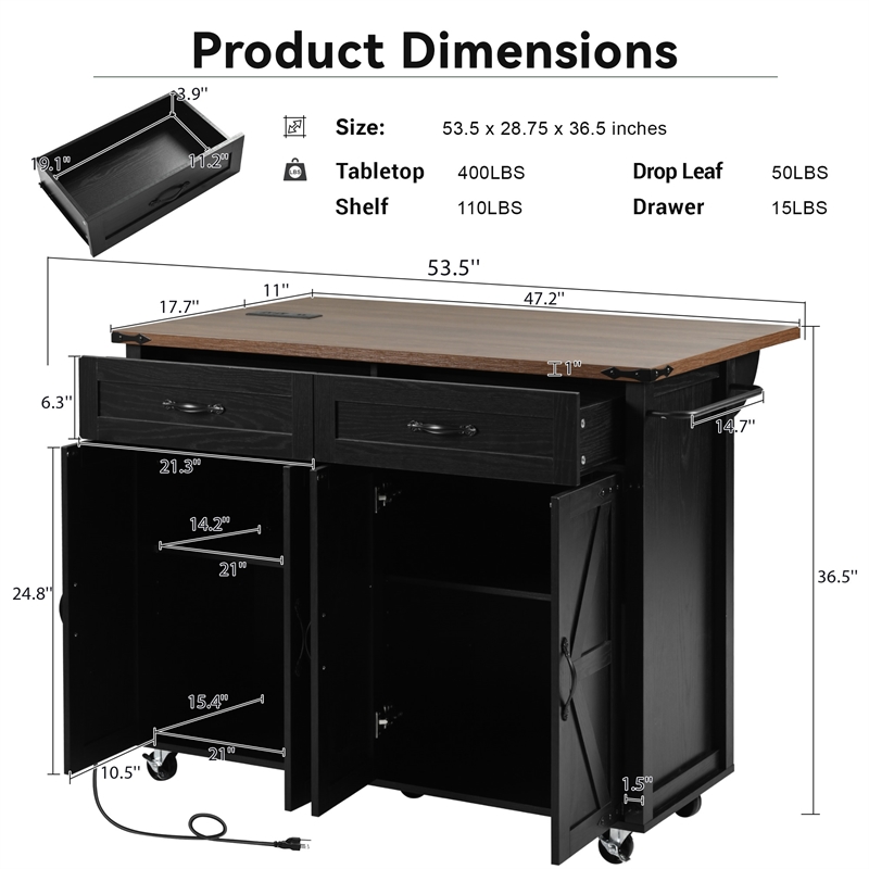 Homycasa Rolling Kitchen Island with Storage and Drop-Leaf Countertop Black