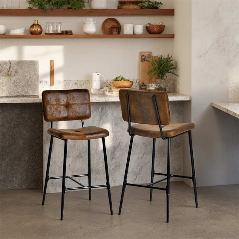 Homycasa Bar Stools Set of 2 Brown Counter Height Chairs with Metal Legs