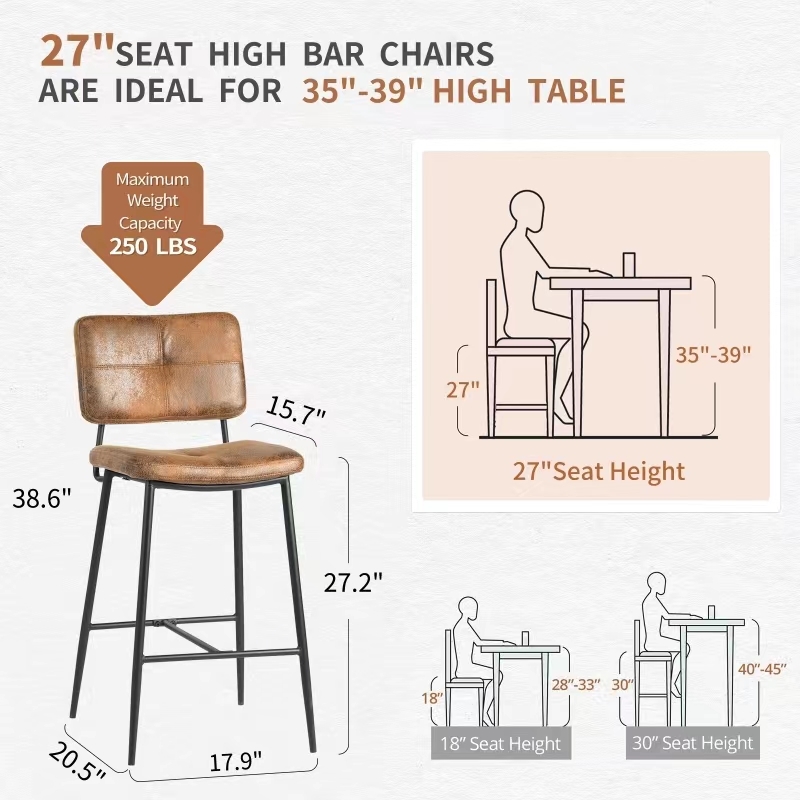 Homycasa Bar Stools Set of 2 Brown Counter Height Chairs with Metal Legs