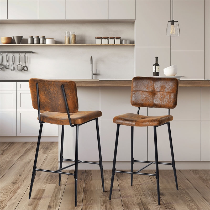 Homycasa Bar Stools Set of 2 Brown Counter Height Chairs with Metal Legs