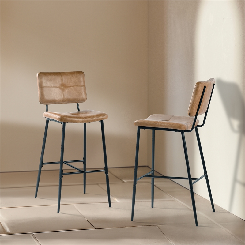 Homycasa Cognac Faux Leather Bar Height Stools Set of 2 with Black Metal Legs