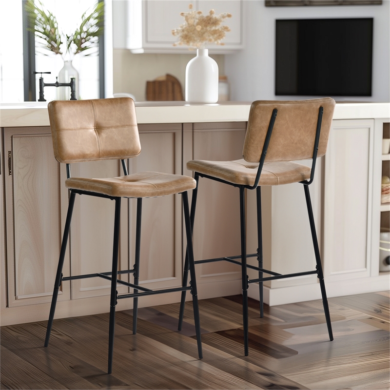 Homycasa Cognac Faux Leather Bar Height Stools Set of 2 with Black Metal Legs