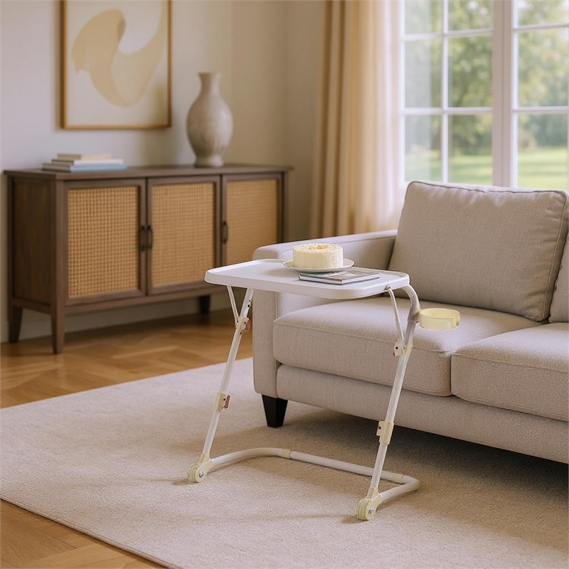 Homycasa Adjustable Folding TV Dining Tray Table with Cup Holder White