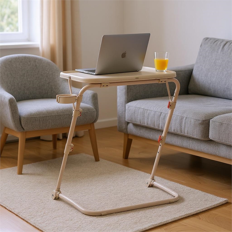 Homycasa Adjustable Folding TV Dining Tray Table with Cup Holder Beige