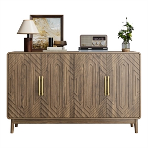 Homycasa Walnut Geometric Sideboard 4-Door Storage Cabinet for Living & Dining