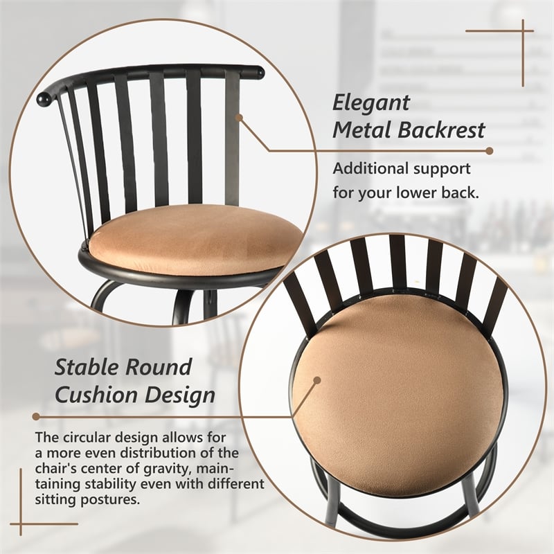 Homy Casa 3-Piece Bar Stool Set with Curved Metal Backrest in Brown for Home Bar