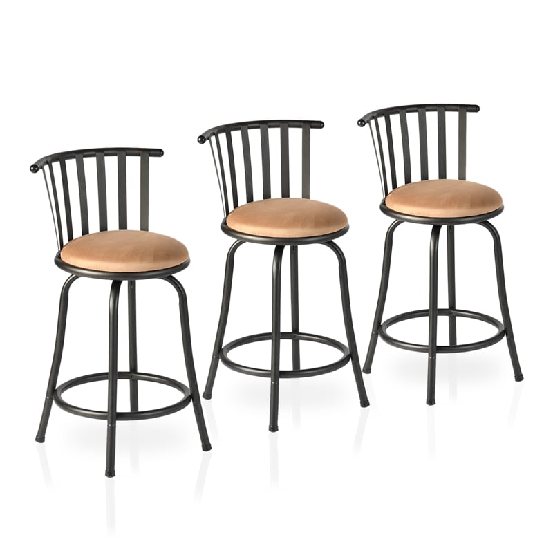 Homy Casa 3-Piece Bar Stool Set with Curved Metal Backrest in Brown for Home Bar