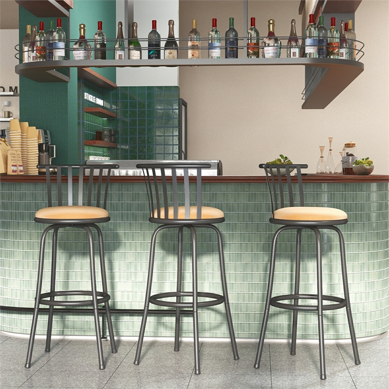 Homy Casa 3-Piece Bar Stool Set with Curved Metal Backrest in Brown