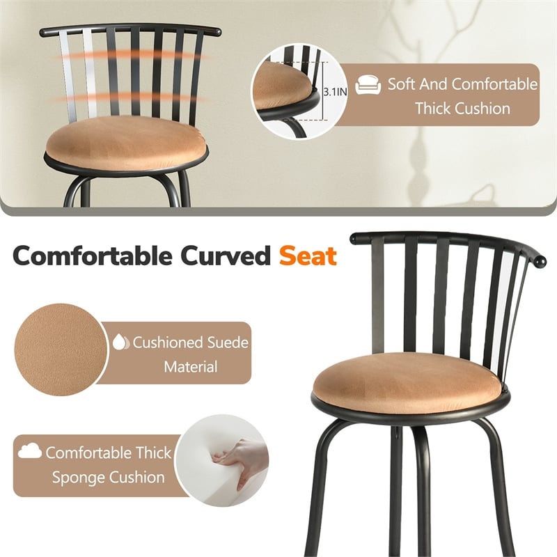 Homy Casa 3-Piece Bar Stool Set with Curved Metal Backrest in Brown