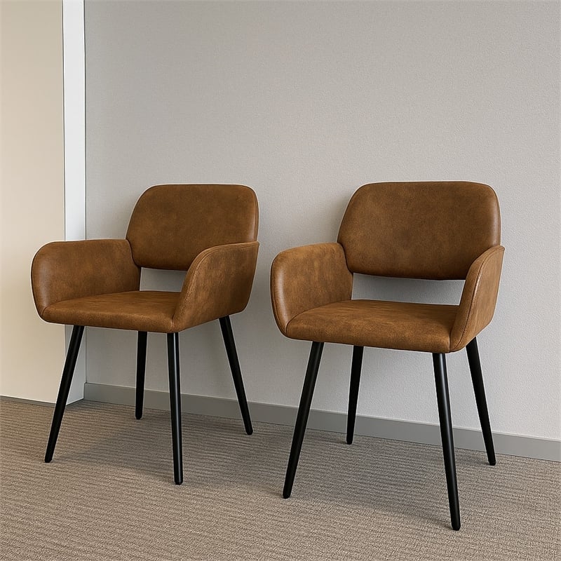 Homy Casa Set of 2 Brown Faux Leather Reception Chairs with Black Metal Legs