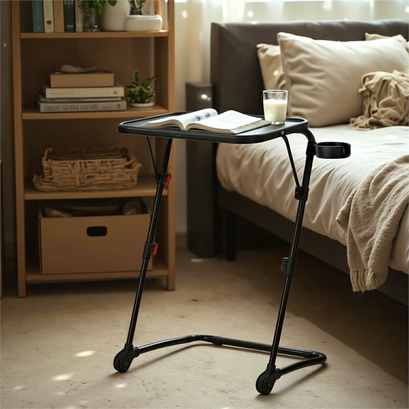 Homy Casa Black Steel Adjustable Folding Over-Bed Desk Table with Cup Holder