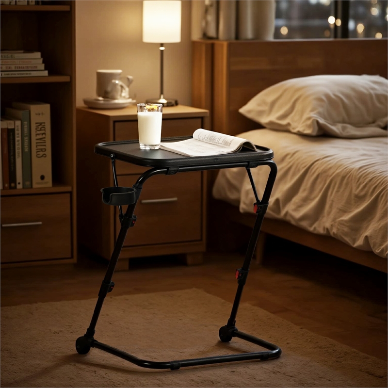 Homy Casa Black Steel Adjustable Folding Over-Bed Desk Table with Cup Holder