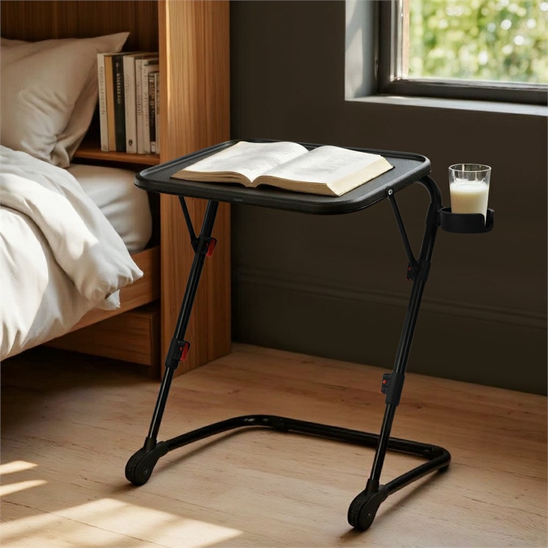 Homy Casa Black Steel Adjustable Folding Over-Bed Desk Table with Cup Holder