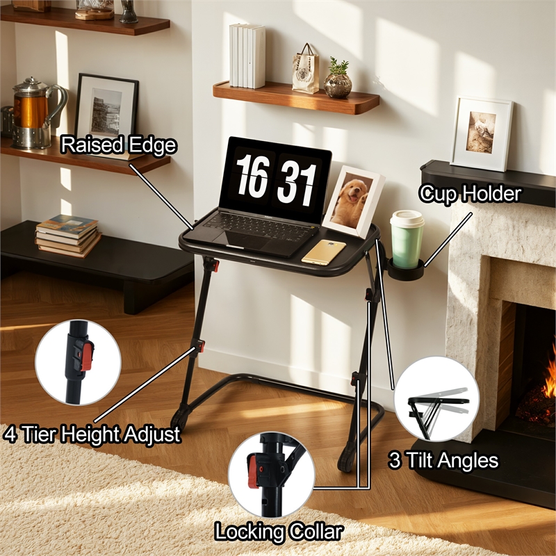 Homy Casa Black Steel Adjustable Folding Over-Bed Desk Table with Cup Holder