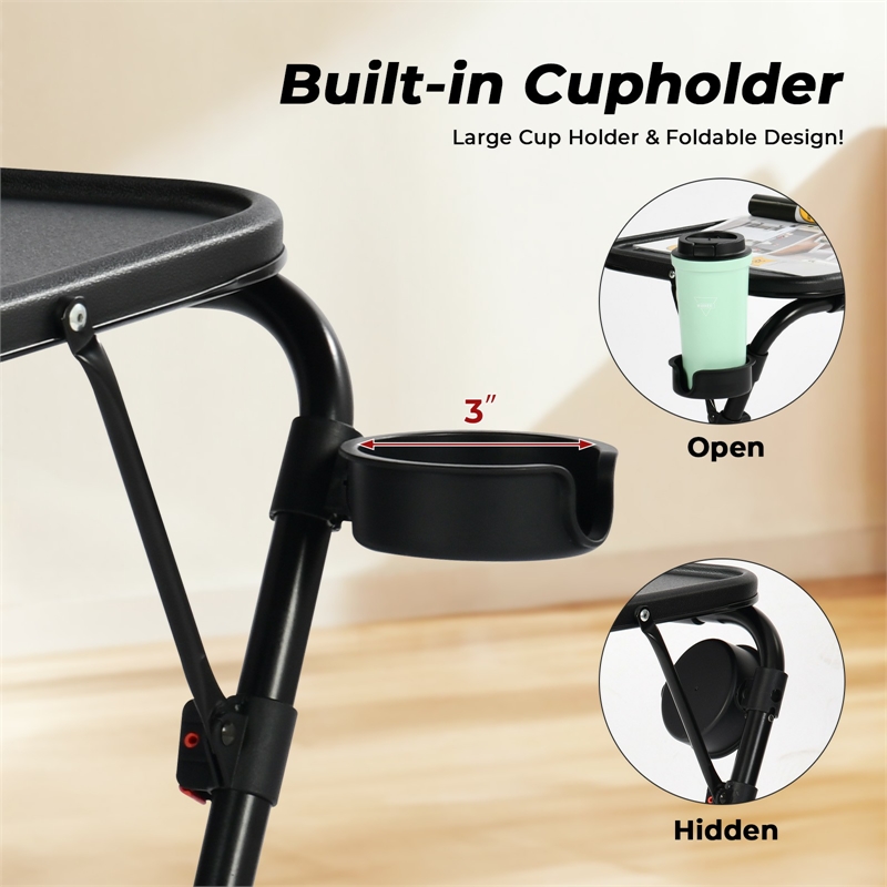 Homy Casa Black Steel Adjustable Folding Over-Bed Desk Table with Cup Holder