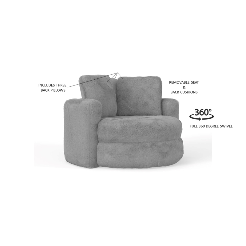 Oslo Lux Dove Grey Faux Fur Oversized Barrel Swivel Accent Chair