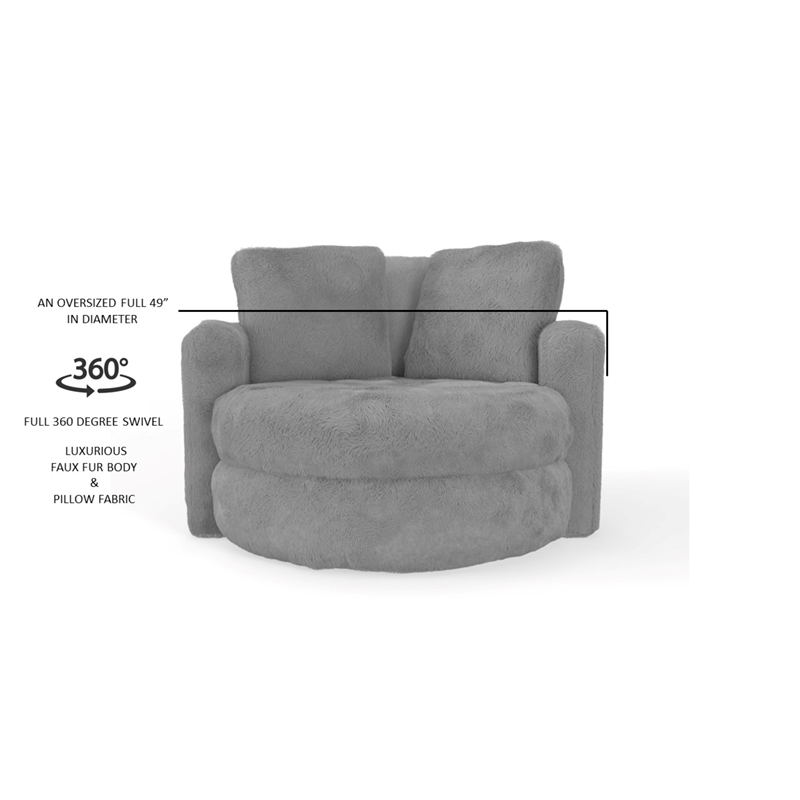 Oslo Lux Dove Grey Faux Fur Oversized Barrel Swivel Accent Chair
