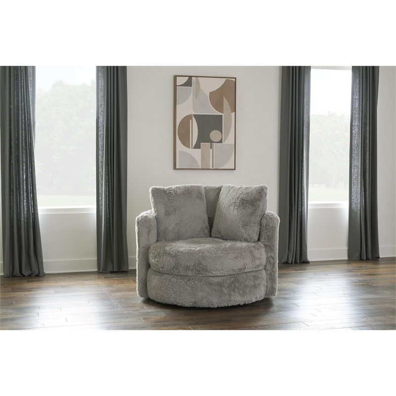 Oslo Lux Dove Grey Faux Fur Oversized Barrel Swivel Accent Chair