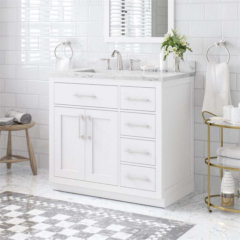 Athea 36 in. White Bathroom Vanity with White Top and Brushed Nickel Hardware