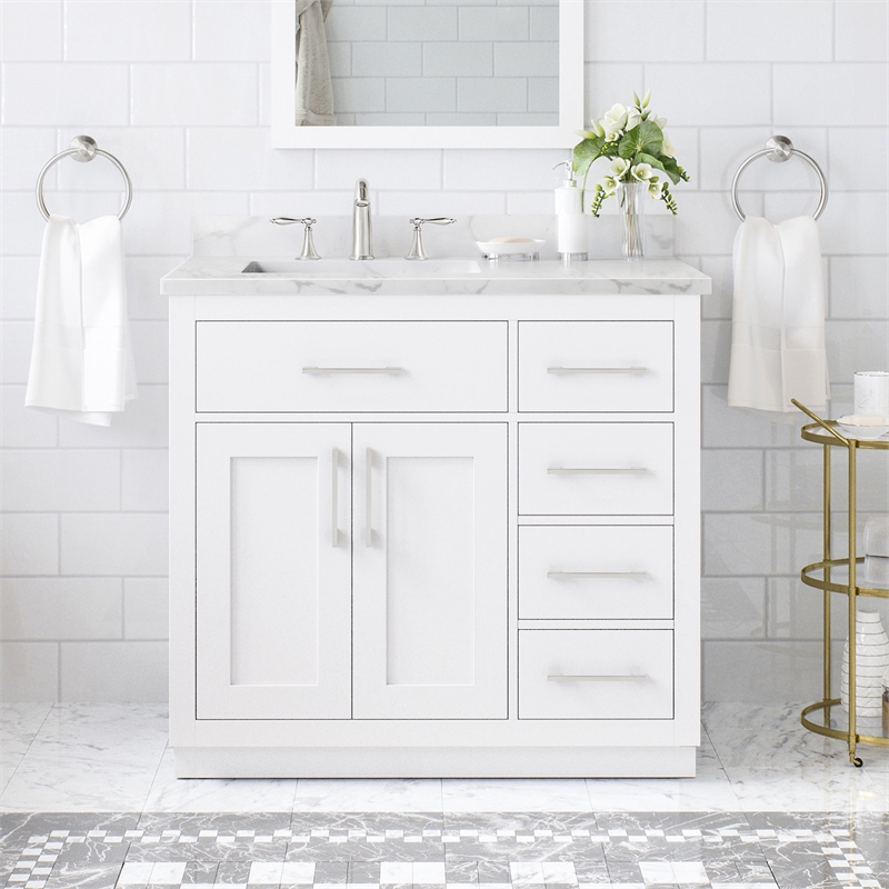 Athea 36 in. White Bathroom Vanity with White Top and Brushed Nickel Hardware