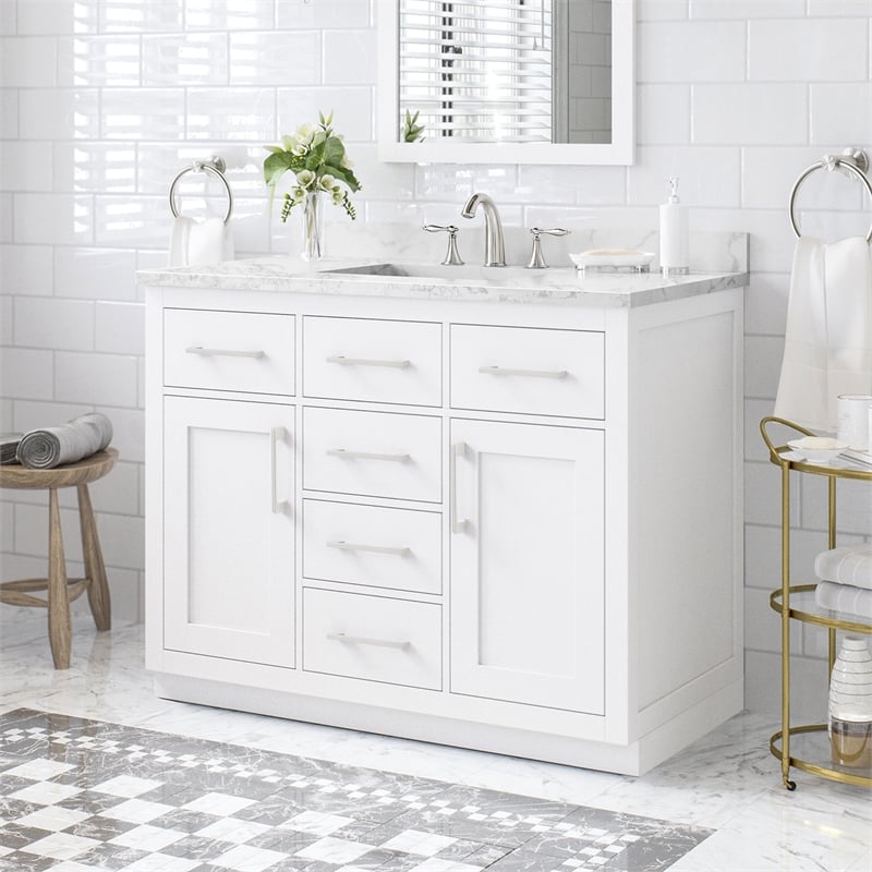 Athea 42 in. White Bathroom Vanity with White Top Brushed Nickel Hardware