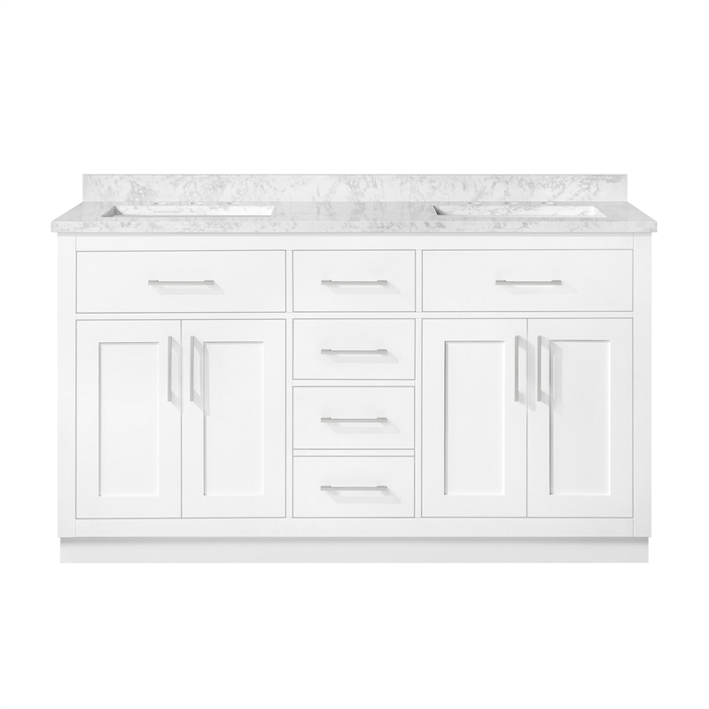 Athea 60 in. White Bathroom Vanity with White Top Nickel Hardware