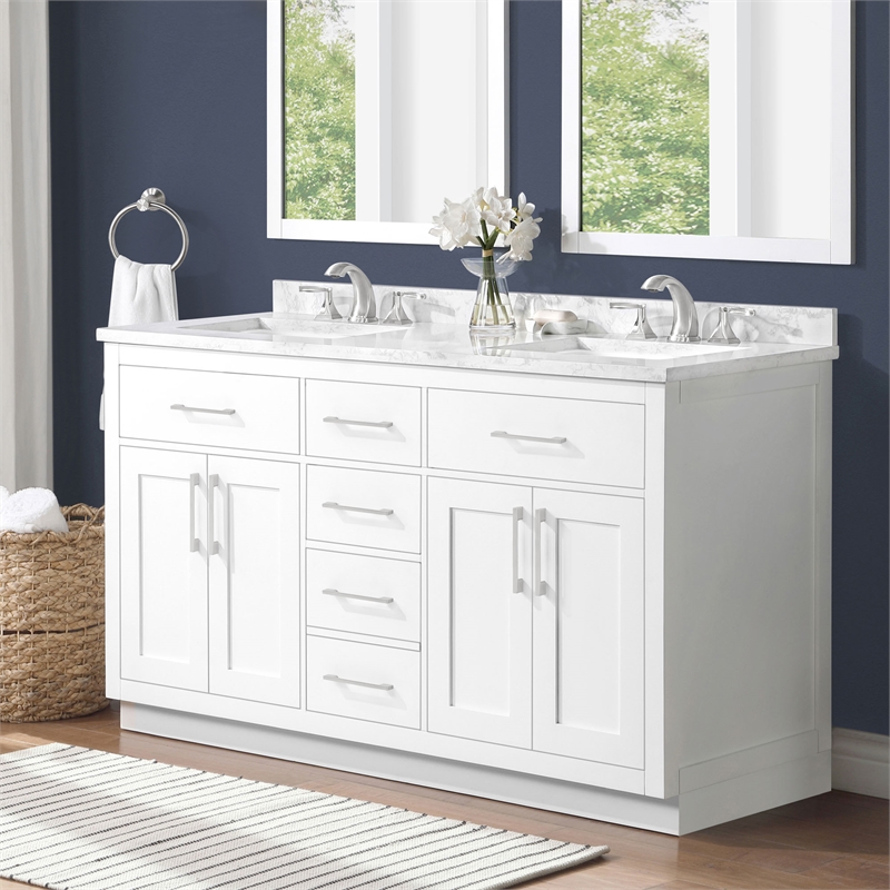 Athea 60 in. White Bathroom Vanity with White Top Nickel Hardware