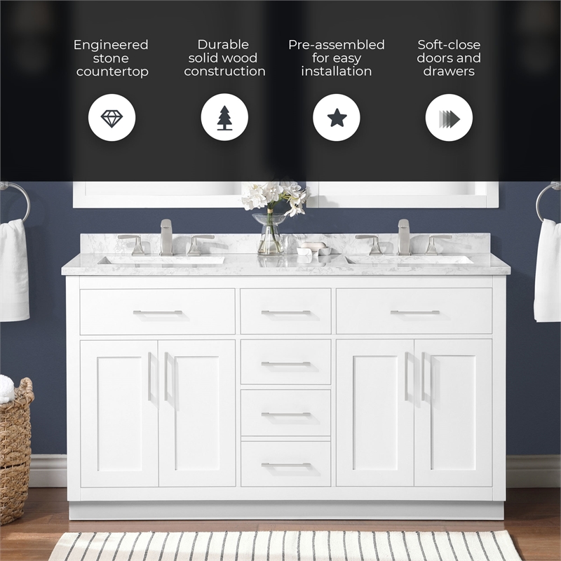 Athea 60 in. White Bathroom Vanity with White Top Nickel Hardware