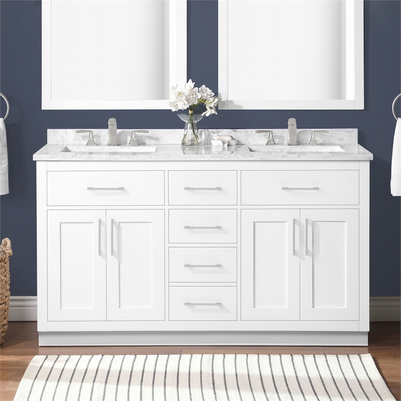 Athea 60 in. White Bathroom Vanity with White Top Nickel Hardware