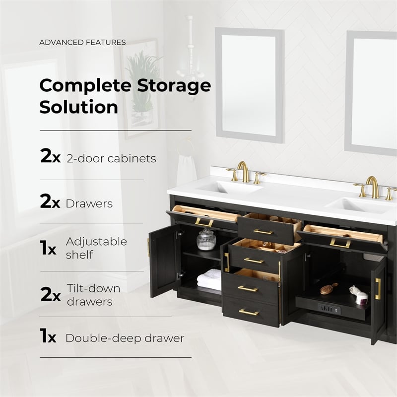 OVE Bailey 72 in. Dark Ebony Wood Bathroom Vanity with White Top
