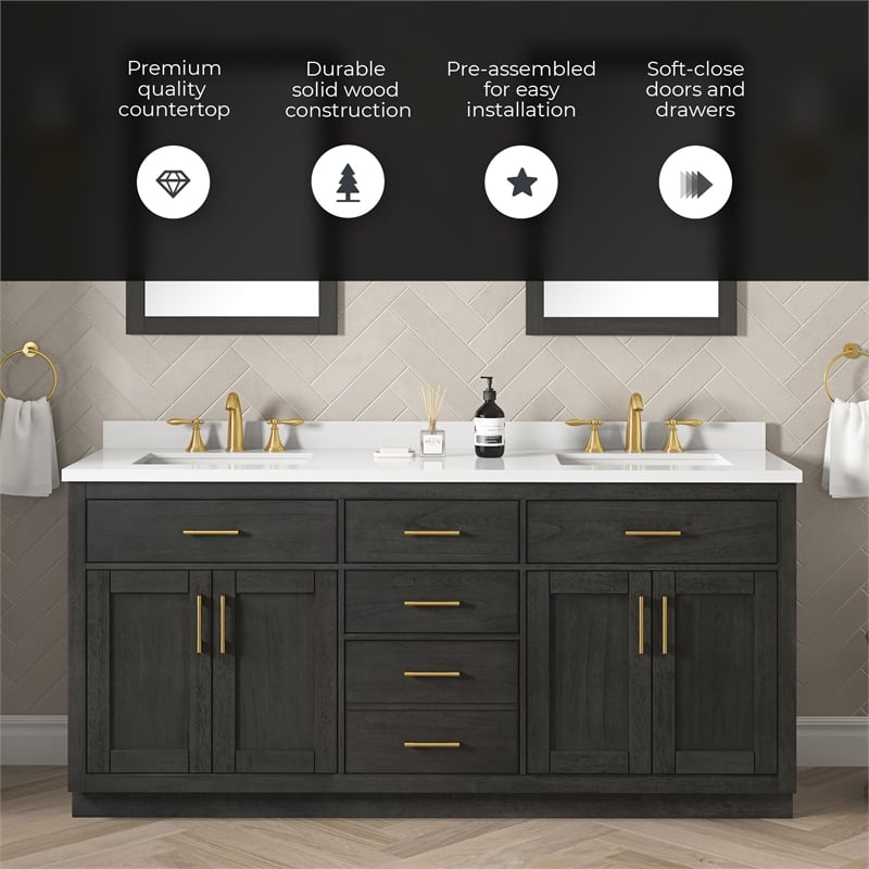 OVE Bailey 72 in. Dark Ebony Wood Bathroom Vanity with White Top