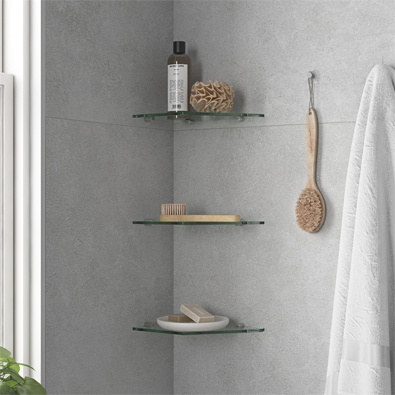 Bella Tempered Glass Corner Shower Shelves 3-Pack in Satin Nickel Finish