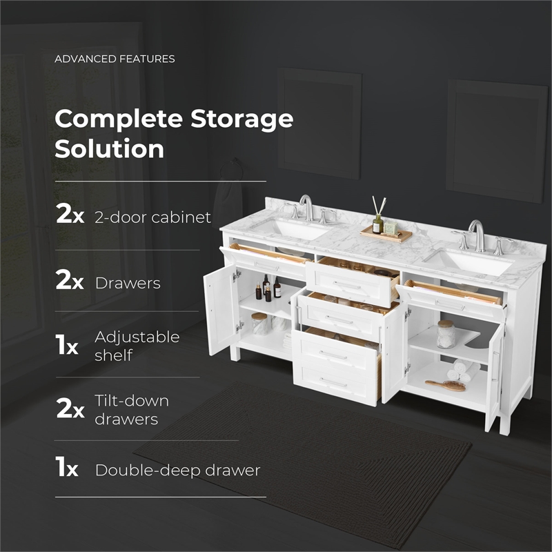 Tahoe 72 in. Double Sink Bathroom Vanity in Pure White with White Countertop