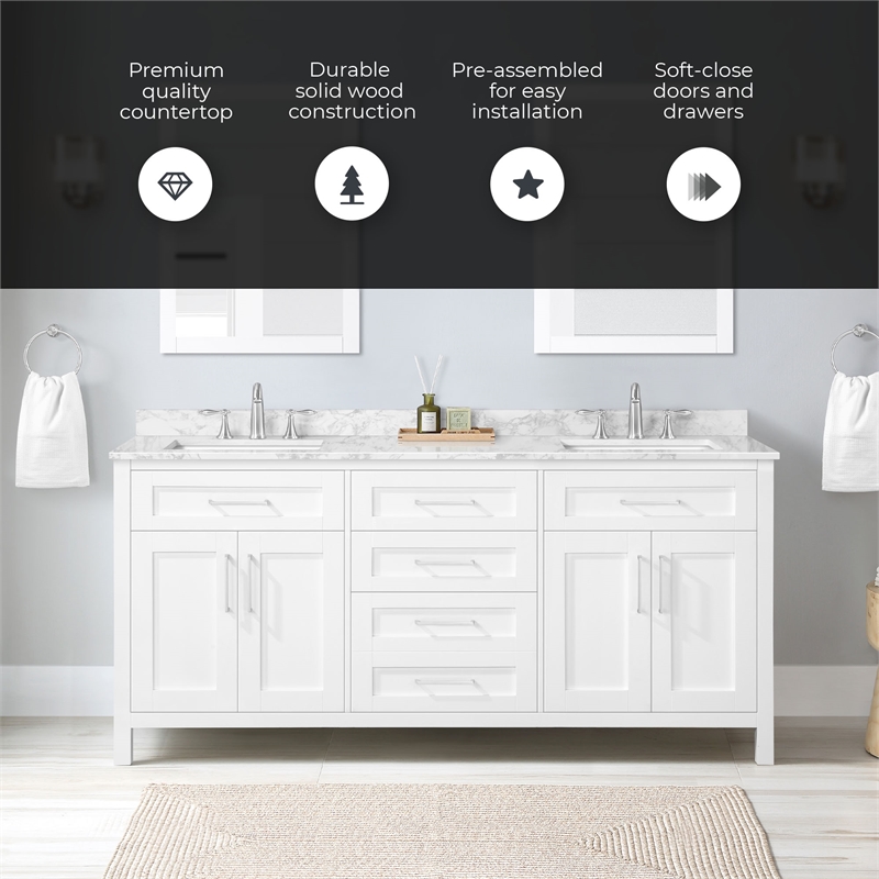 Tahoe 72 in. Double Sink Bathroom Vanity in Pure White with White Countertop