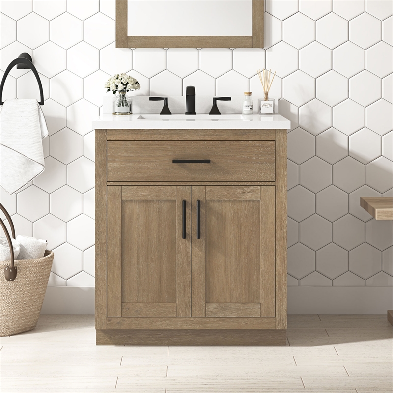 OVE Bailey 30 in. Driftwood Oak Bathroom Vanity with White Top