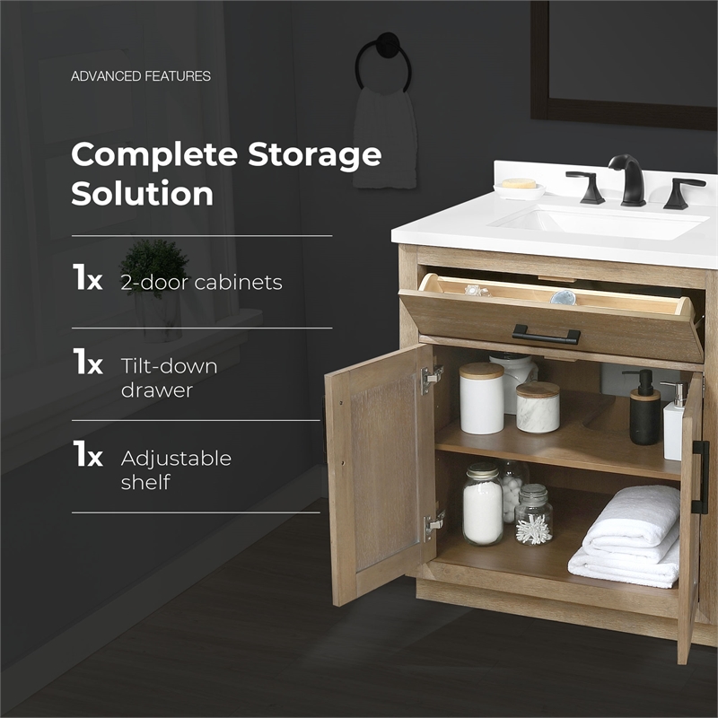 OVE Bailey 30 in. Driftwood Oak Bathroom Vanity with White Top