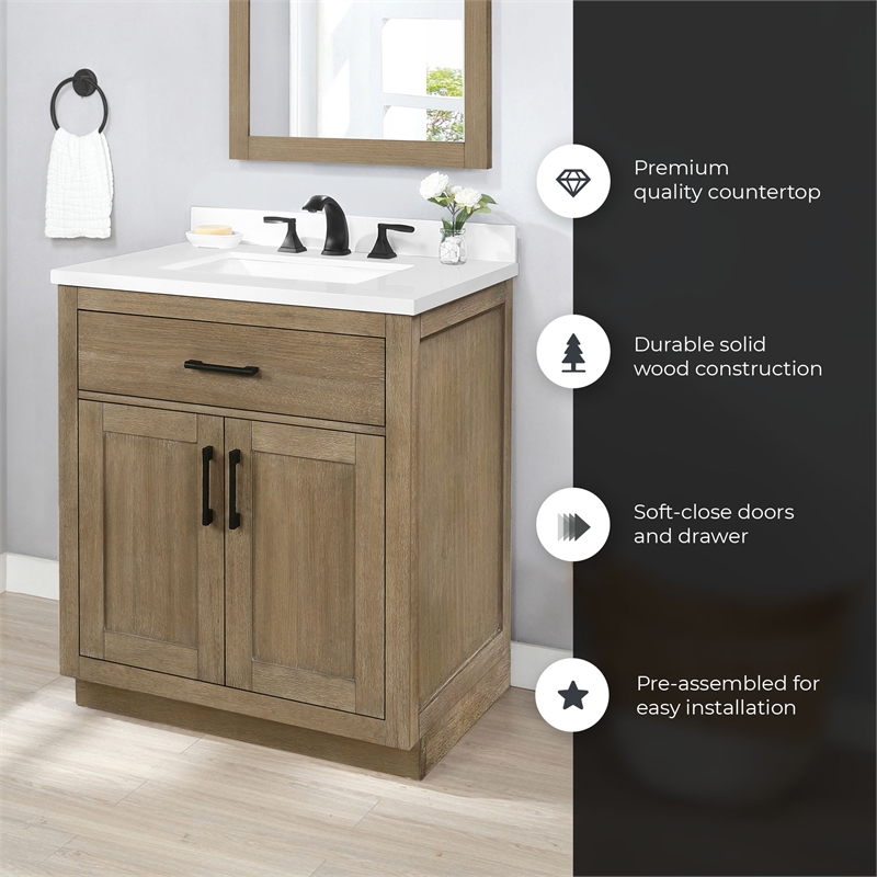 OVE Bailey 30 in. Driftwood Oak Bathroom Vanity with White Top