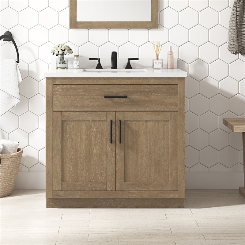 OVE Bailey 36 in. Driftwood Oak Bathroom Vanity with White Top