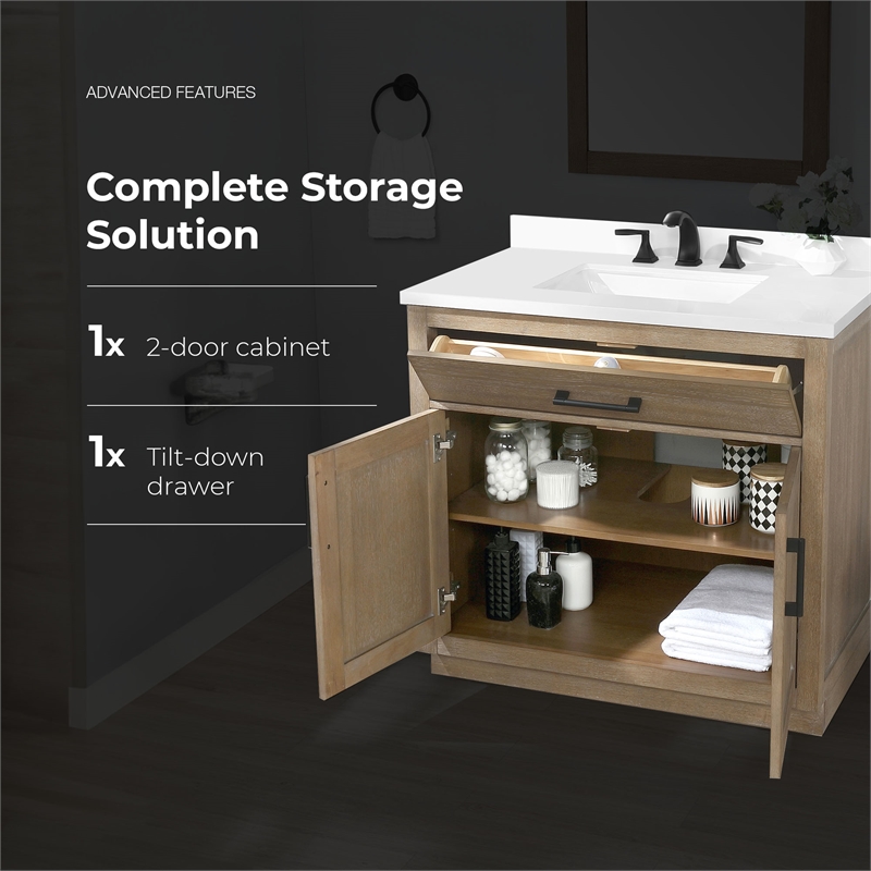 OVE Bailey 36 in. Driftwood Oak Bathroom Vanity with White Top
