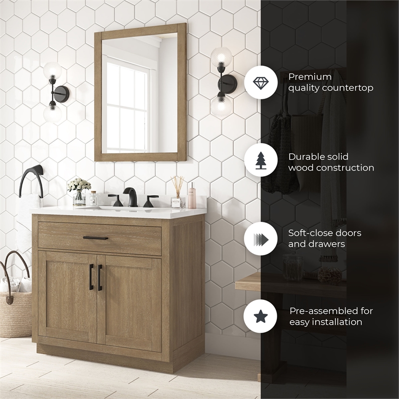 OVE Bailey 36 in. Driftwood Oak Bathroom Vanity with White Top